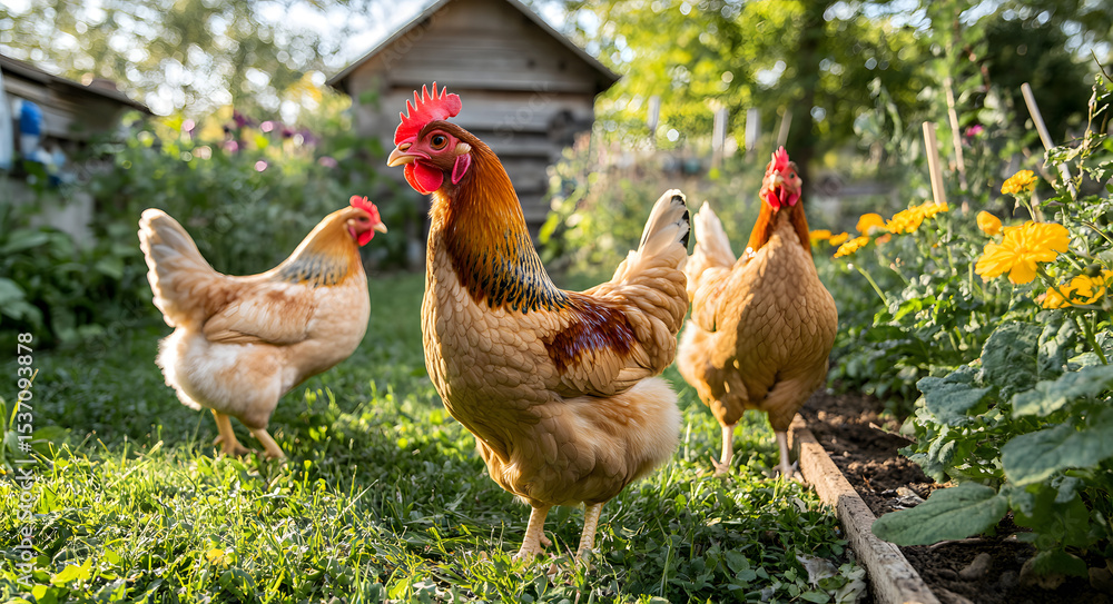 Fototapeta premium Chickens in backyard garden near chicken coop on sunny day