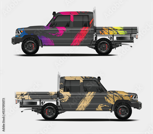 Two Custom Designed Off-Road Pickup Trucks with Unique Wraps