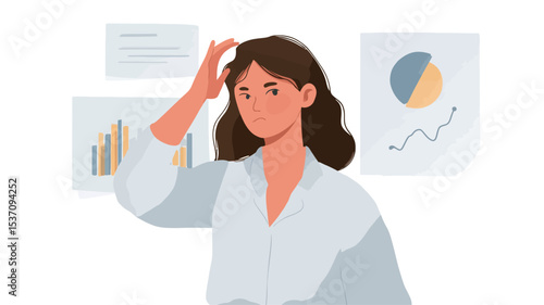A vector illustration depicting a young woman with shoulder-length brown hair, wearing a light gray collared shirt. She has a hand on her head, displaying a confused expression.  The background