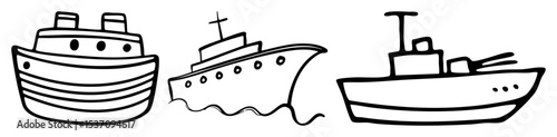 Vector Three distinct vessels including a tugboat freighter and fishing boat are illustrated in a clean vector style.