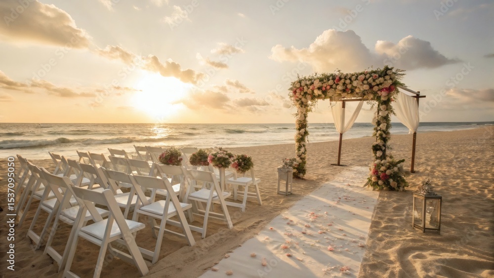 Obraz premium Wideangle photograph beach wedding ceremony setup golden hour white wooden chairs arranged sand decorative floral arch warm sunlight romantic atmosphere ocean waves