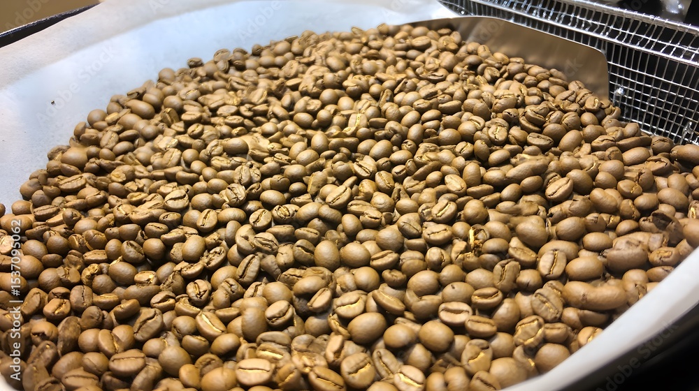 Obraz premium Roasted Coffee Beans Close Up View in Roasting Machine