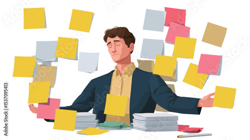 A vector illustration depicting a man in a business suit seated at a desk surrounded by a flurry of colorful sticky notes. The man appears stressed and overwhelmed by the large number of notes