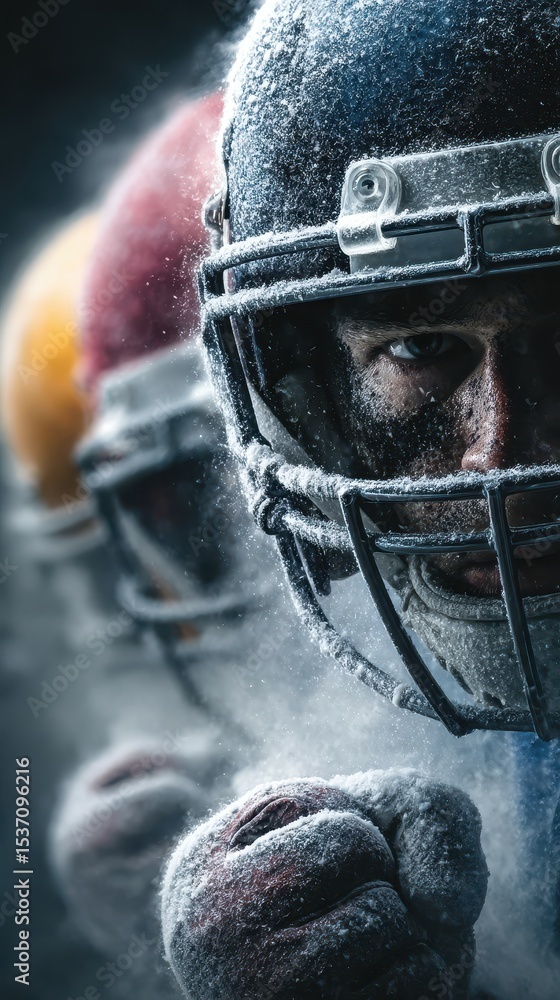 Intense close-up of a football player in action during a snowy match, showcasing determination and focus Intense close-up of a football player in action during a snowy match, showcasing determination and focus