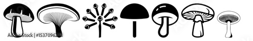 Vector Black vector illustrations of diverse mushroom shapes and forms.