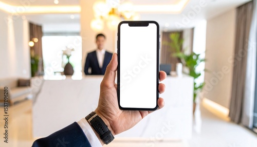 Hand Holding Smartphone with Blank Screen at Hotel Front Desk