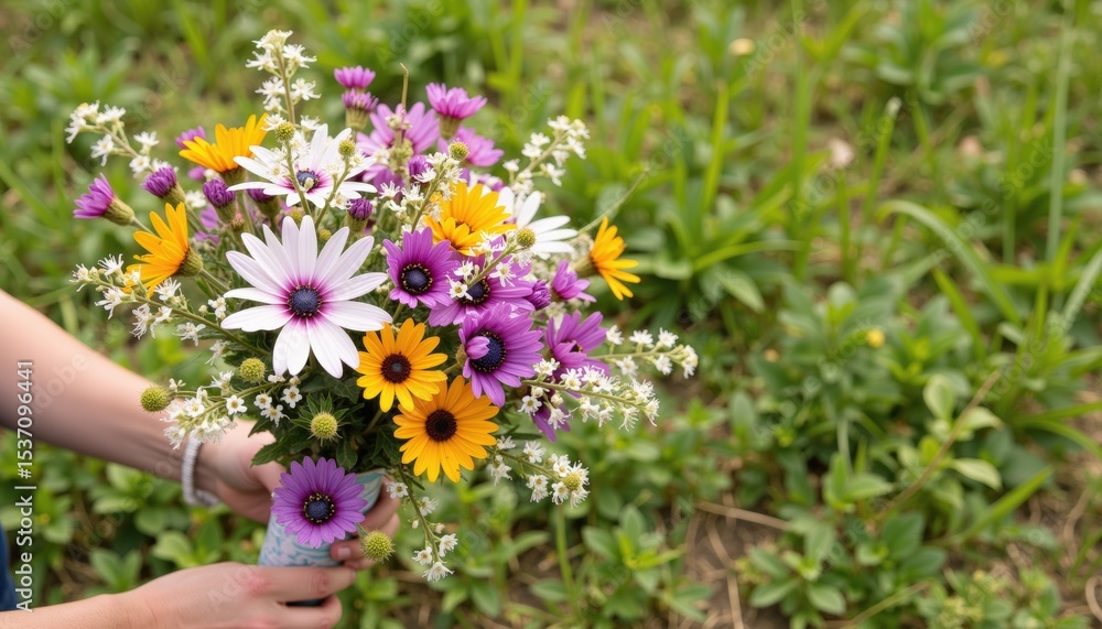 Obraz premium Colorful Wildflower Bouquet Held Outdoors with Green Grass Background in Spring