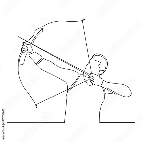 Continuous line drawing of male archery sport athlete or hunter holding archer arrow. Editable stroke sketch art vector illustration