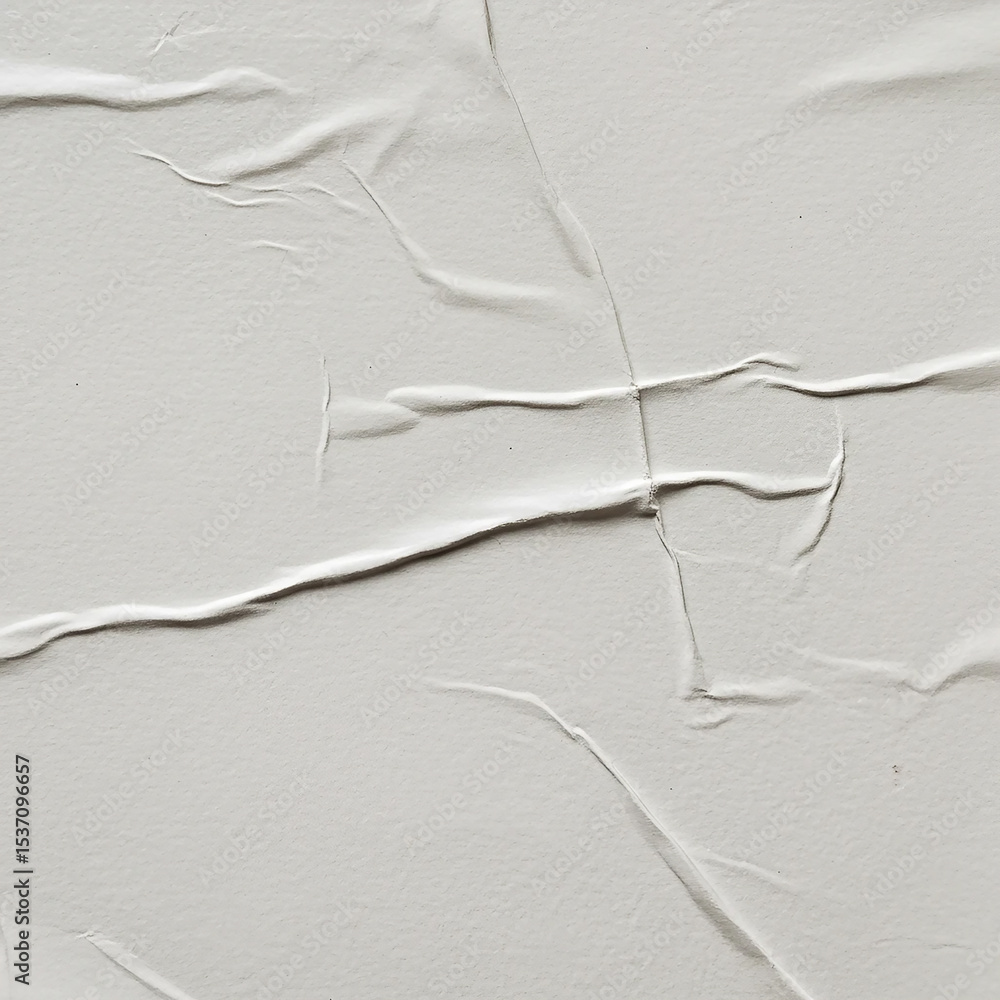 Obraz premium white crumpled and creased glued wrinkled paper poster texture background,papers printed in offset (dots) and glued to a wall with folds. Paris, France.