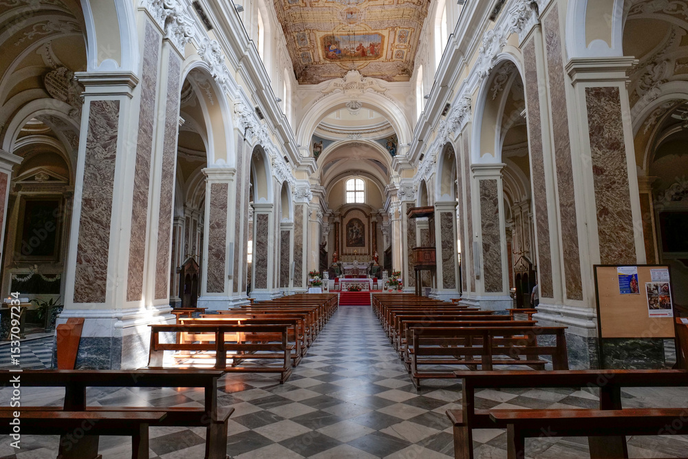 Fototapeta premium The central nave of a medieval cathedral in Sant'Agata de' Goti, a small town in the province of Benevento, Italy.