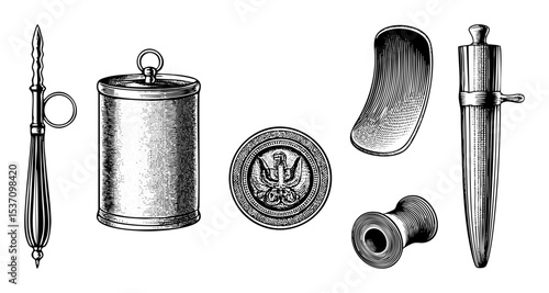 Vector Vintage writing tools collection featuring quill seal and inkwell.