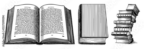 Vector Vintage books and open tome in engraved style.