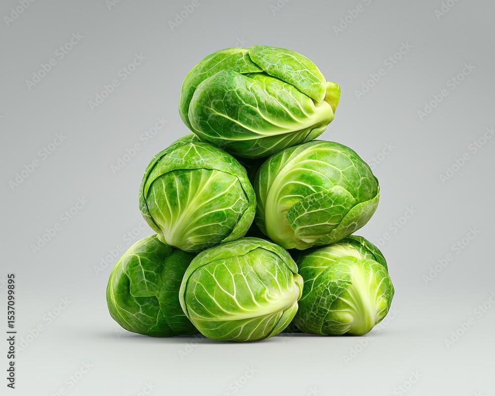 Fototapeta premium Fresh Green Brussels Sprouts Pyramid on Gray Background