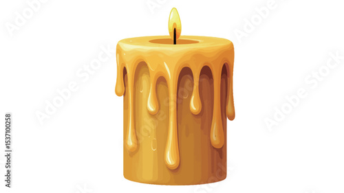 Close-up studio shot of a single, cylindrical yellow candle with a lit wick.  The candle wax is partially melted, with several drips running down the sides. The background is pure white, providing