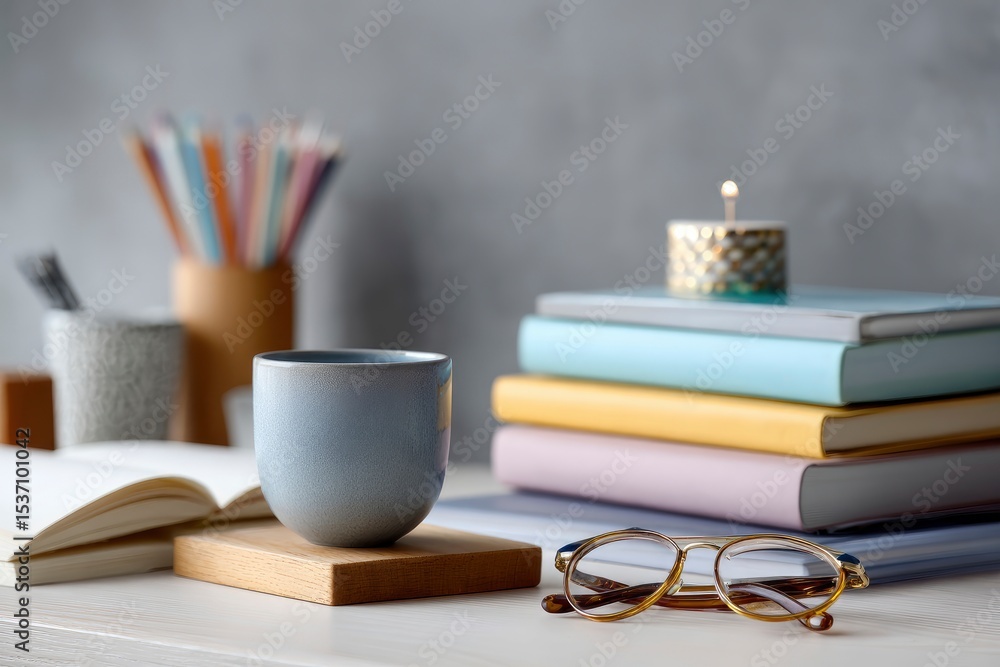 Fototapeta premium Desk scene mug books glasses candle pencils Calm bright studylike