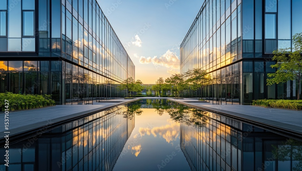 Obraz premium Modern office complex courtyard at sunset
