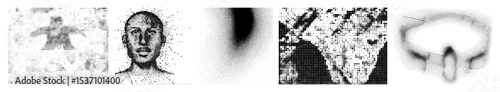 Vector Abstract portraits composed of scattered dots create a fragmented human representation.