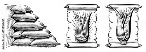 Vector Stacked scrolls and unfurled papyrus illustrations showcase vintage document designs.