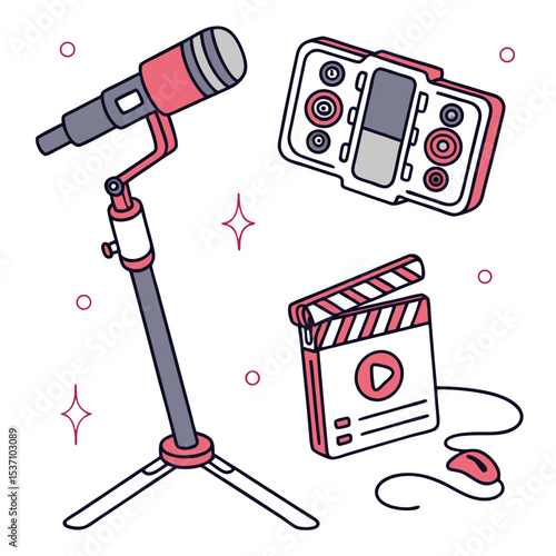Essential Mobile Content Creation Kit Microphone, Audio Mixer, Clapperboard, and Mouse - Vector Illustration