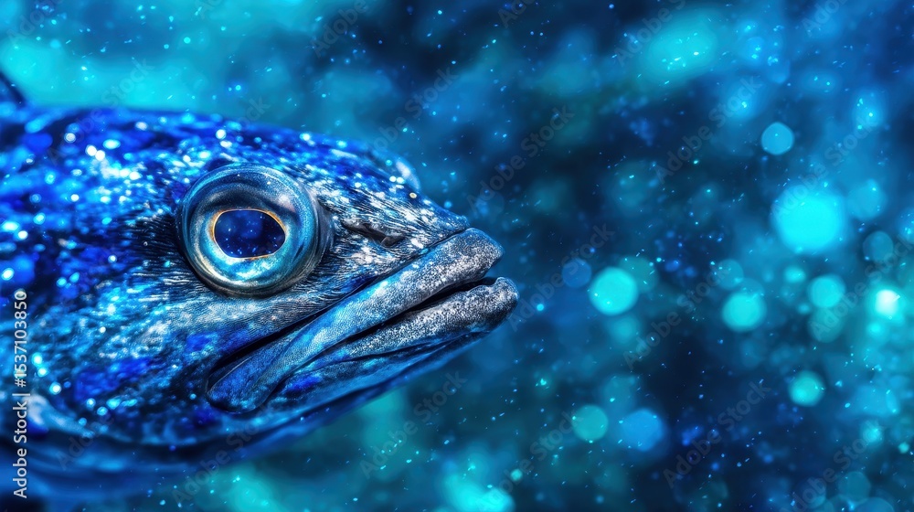 Close-up of a vibrant blue fish, underwater scene Close-up of a vibrant blue fish, underwater scene