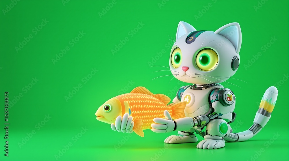 Fototapeta premium Robotic Cat with Goldfish Toy, Green Background.