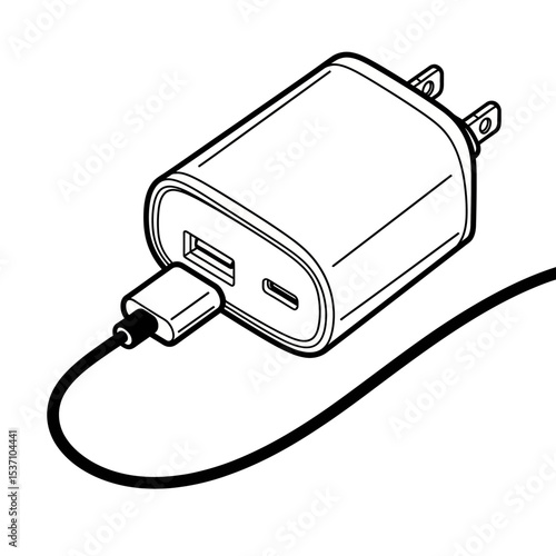 Isometric Line Drawing of USB-C Phone Charger with Cable
