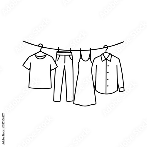 black and white clothing apparel hanging on clothesline. vector illustration	