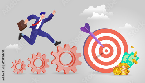 business concept illustration, businessman running on stairs cog , achieve  target goal.