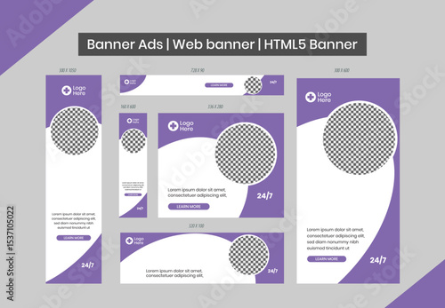 HTML5 banner ads design web template Set, Horizontal header web banner. Editable Google display ads banner set template