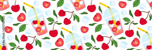 Seamless pattern with fresh cherries lemonade on white background. Summer background for cafe menus. Take away summer drink. Berries, leaves, ice cubes. Food and drinks. Vector flat illustration.