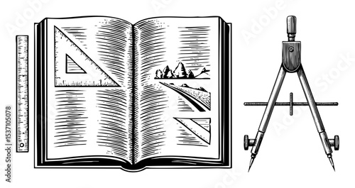 Vector Open book with drafting tools and landscape .