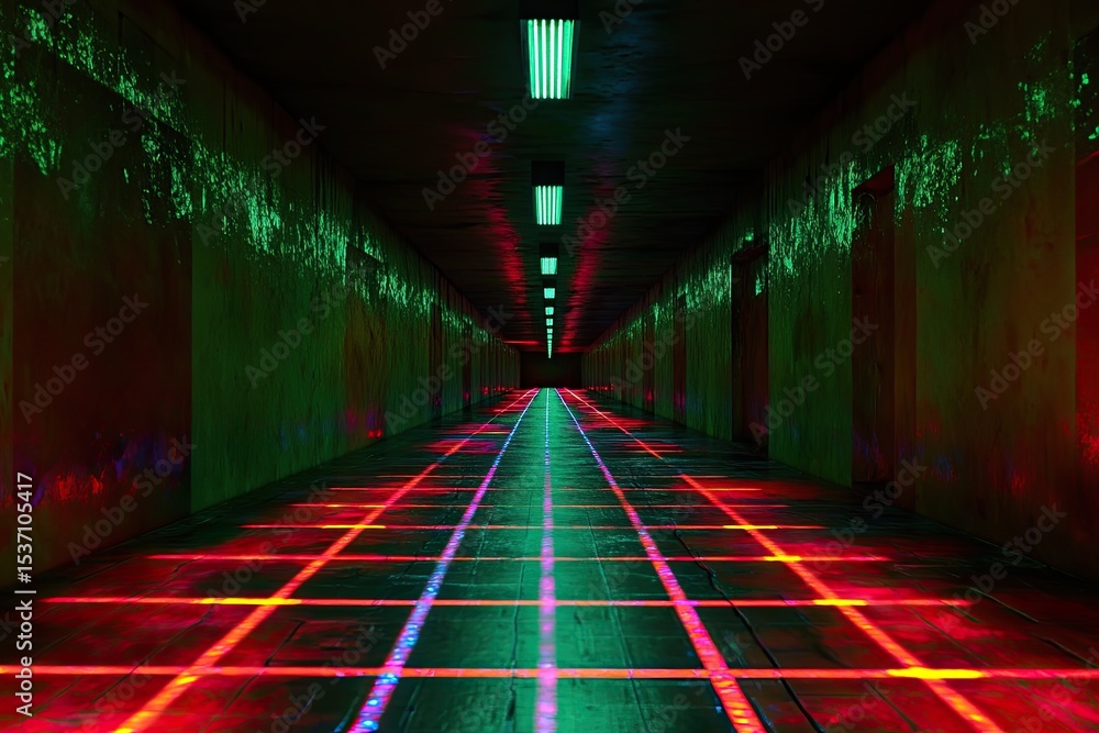 Fototapeta premium Neon-lit corridor, vibrant colors, futuristic, underground, abstract, long hallway, with glowing floor, and walls, creating a mysterious ambiance