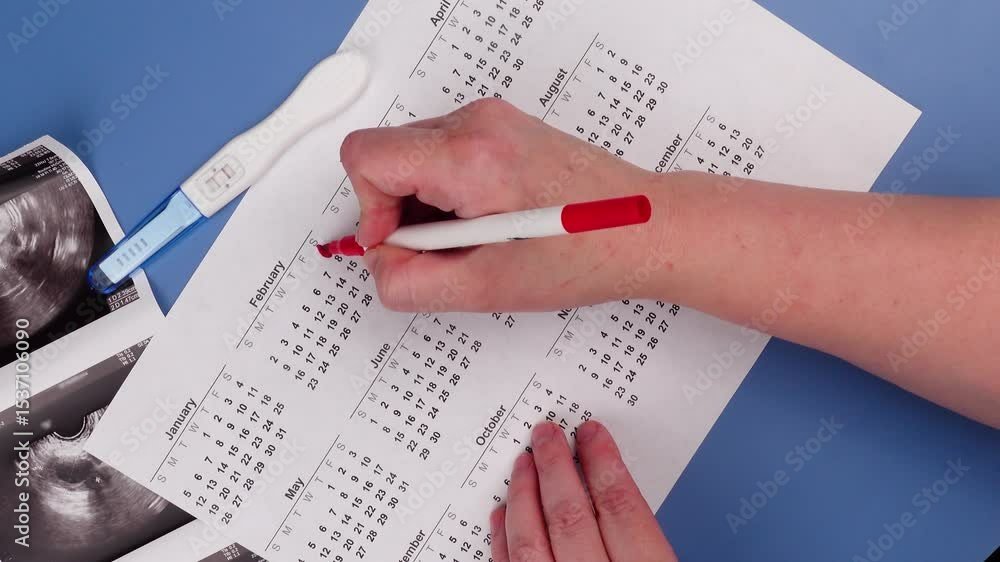 Positive pregnancy test, gynecological ultrasound image and ovulation calendar marked with menstruation and ovulation dates. Fertility tracking, family planning, maternal health, and prenatal care.