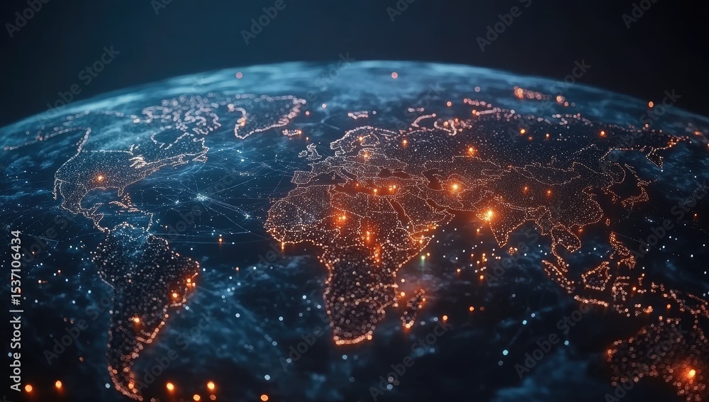 Fototapeta premium Global interconnectedness visualized. Detailed network of illuminated city lights across the world