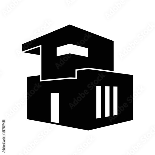 A vector illustration in simple style on a stark transparent background features a black silhouette of a two-story modern house