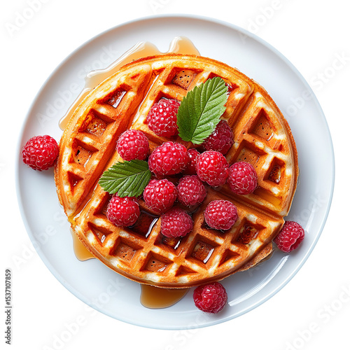 Delicious waffle breakfast with fresh raspberries and maple syrup on a white plate isolated on a clean and clear White background