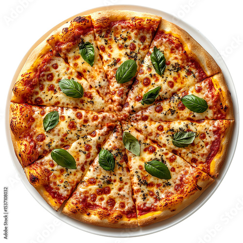 Delicious cheesy Italian pizza on a plate,isolated on a clean and clear White background