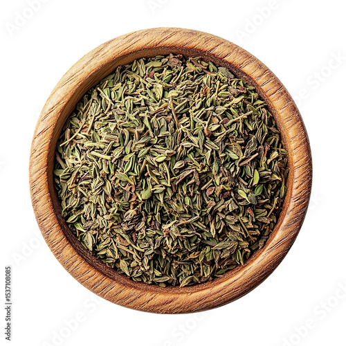 Dried thyme fills a wooden bowl viewed from above isolated on a clean and clear White background.