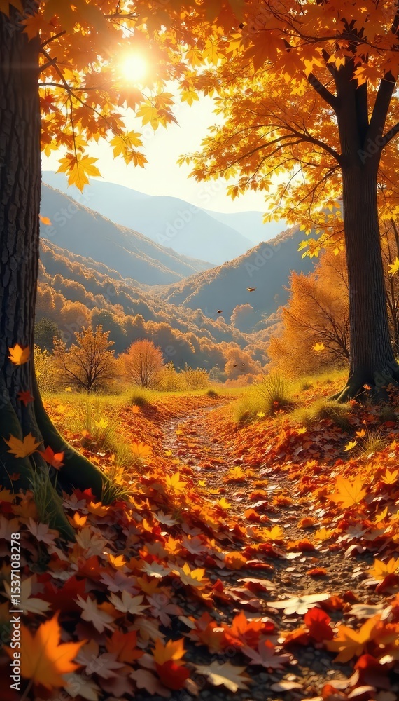 Fototapeta premium Crisp autumn air, golden leaves falling on a vibrant, colorful landscape, perfect for a Thanksgiving feast outdoors Enjoy the scenic beauty of the season , clouds, thanksgiving, serene