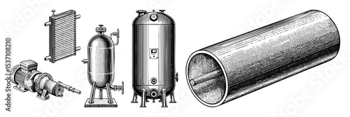 Vector Industrial components featuring a heat exchanger pressure vessels and pump.