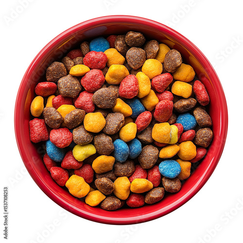 Dry colorful dog food in red porcelain bowl isolated on a clean and clear White background.