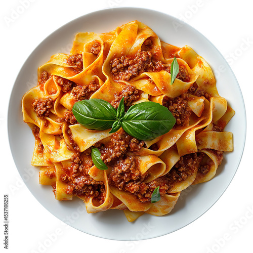 eye-level centered view photograph of a plate of pappardelle pasta with bolognesesauce and basil on it against a green isolated on a clean and clear White background.