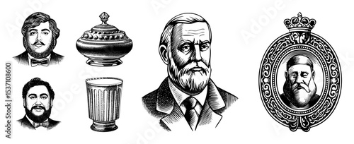 Vector Vintage portraits and ornate vessel illustrations in engraved style.