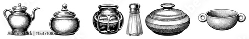 Vector Vintage ceramic vessels with detailed linear .