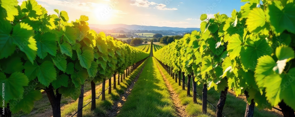 Naklejka premium Rows of lush, green grapevines stretching across a sun-drenched hillside, ready for harvest The perfect image for wine country, vineyard tourism, and wine labels , grapes, rows of vines, wine
