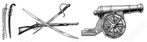 Vector Vintage weaponry collection featuring swords a flintlock pistol and a cannon .