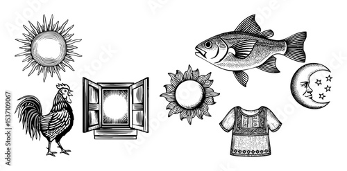 Vector Vintage illustrations of a rooster fish suns moon window and embroidered garment.