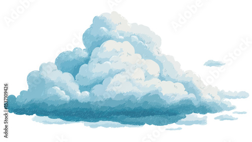 A digital painting or illustration of a single cumulus cloud against a white background. The cloud is depicted in shades of white and light blue, with a soft, fluffy texture.  