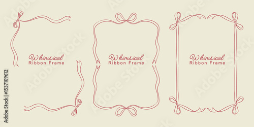 Vintage bows frames for greeting cards, wedding and birthday party, picnic invitations in cute elegant coquette style. Hand drawn ribbons border illustration for social media decoration template.