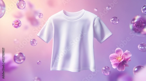 White T-Shirt Floating Amidst Bubbles and Flowers